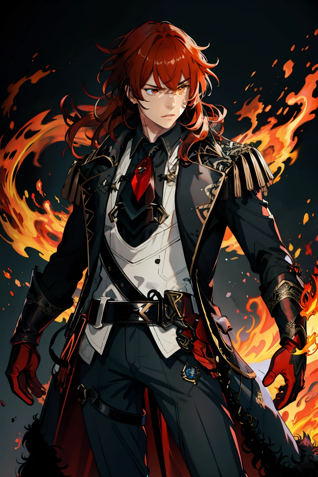 extremely delicate and beautiful, Amazing, finely detail, masterpiece, ultra-detailed, highres,best illustration, best shadow,intricate,sharp focus, high quality, 1 male solo, ((mature)) handsome, tall muscular guy, broad shoulders, (((dark red hair))) diluc genshin impact, dark brown coat with fur on the bottom, dark red gloves, black tie, light shirt, dark pants, big black boots, dynamic battle pose, big sword, fire fractal swirls,