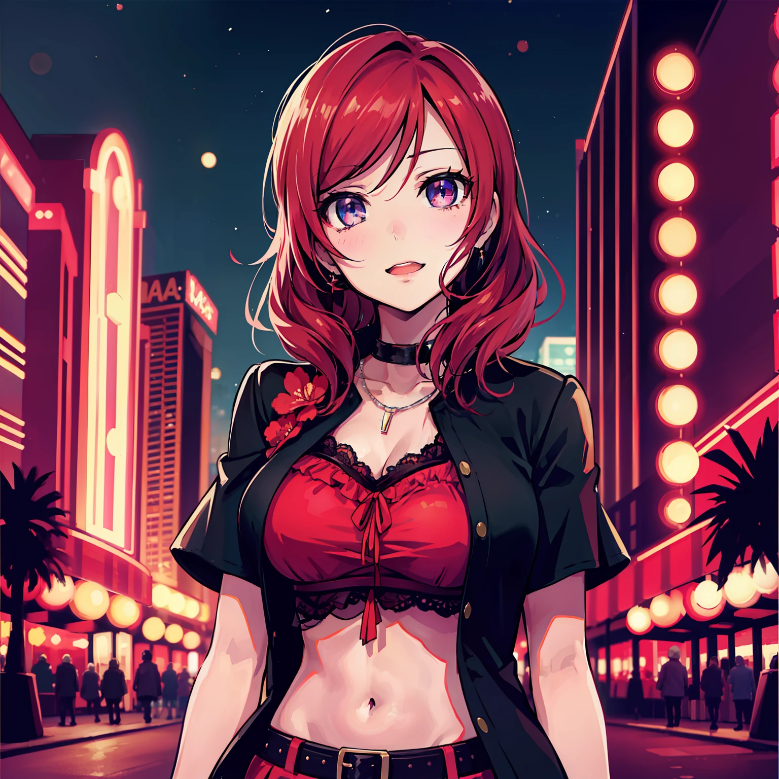 Nishikino Maki em uma rua de Las Vegas de noite