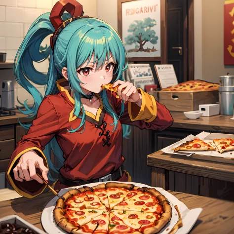 (melhor qualidade: 1.4), anime konosuba, aqua (cabelo longo) e megumin (pequena, cabelo curto) em casa comendo pizza juntas