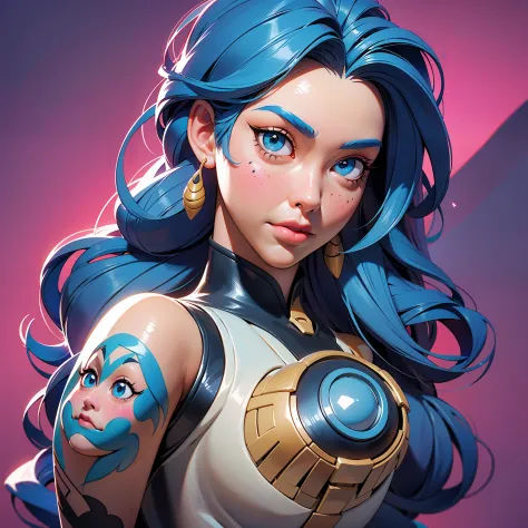 Generate an image of a woman with blue hair, tattoos on her arms (Eddie Mendoza style), Artstation contest winner, digital art, beautiful digital artwork, beautiful realistic upper body, photorealistic anime girl render, girl with tattoos, realistic anime ...