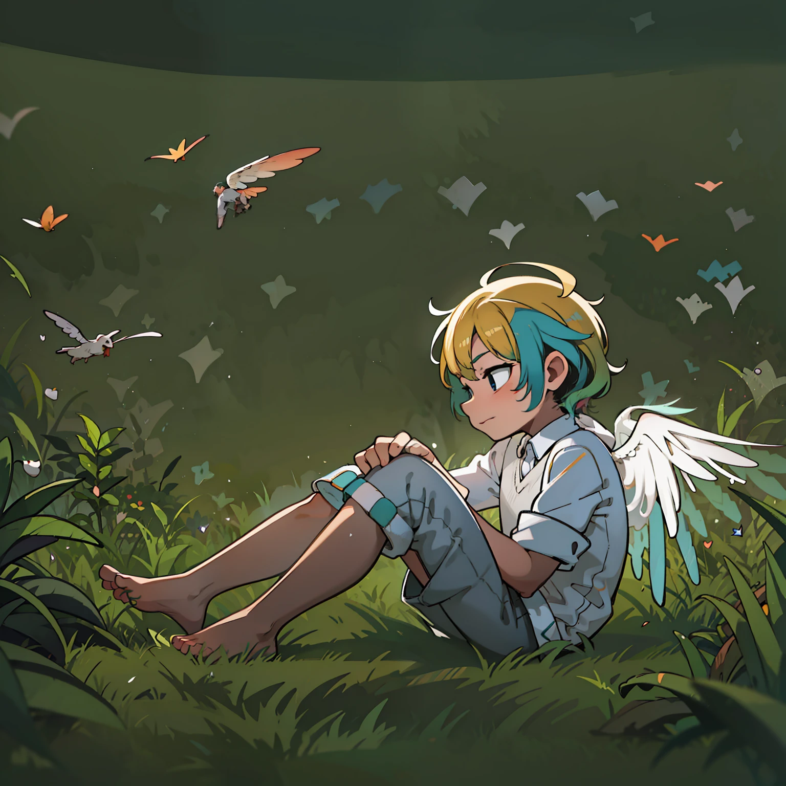 4K), Cute   with small feet and short legs with colorful hair and barefoot and white clothes and wings on his back , he sits down on the meadow and stretches his feet in the air, Nebel Licht, Impressionismus, 2D, Focused on the feet, nacht