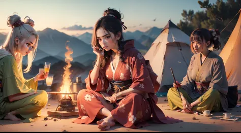 mulheres samurai curtindo um acampamento