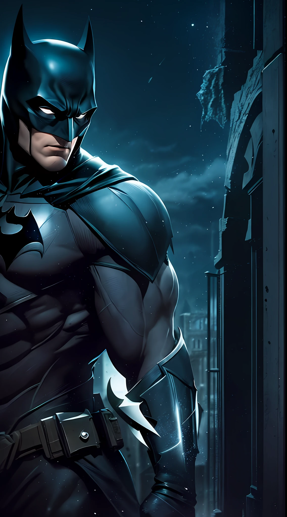 Batman of the Dark Knight is imposing in a lost Gothic city. Moonlight ...