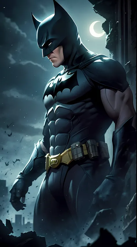 Batman of the Dark Knight is imposing in a lost Gothic city. Moonlight ...