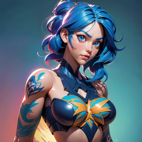 Generate an image of a woman with blue hair, tattoos on her arms (Eddie Mendoza style), Artstation contest winner, digital art, beautiful digital artwork, beautiful realistic upper body, photorealistic anime girl render, girl with tattoos, realistic anime ...