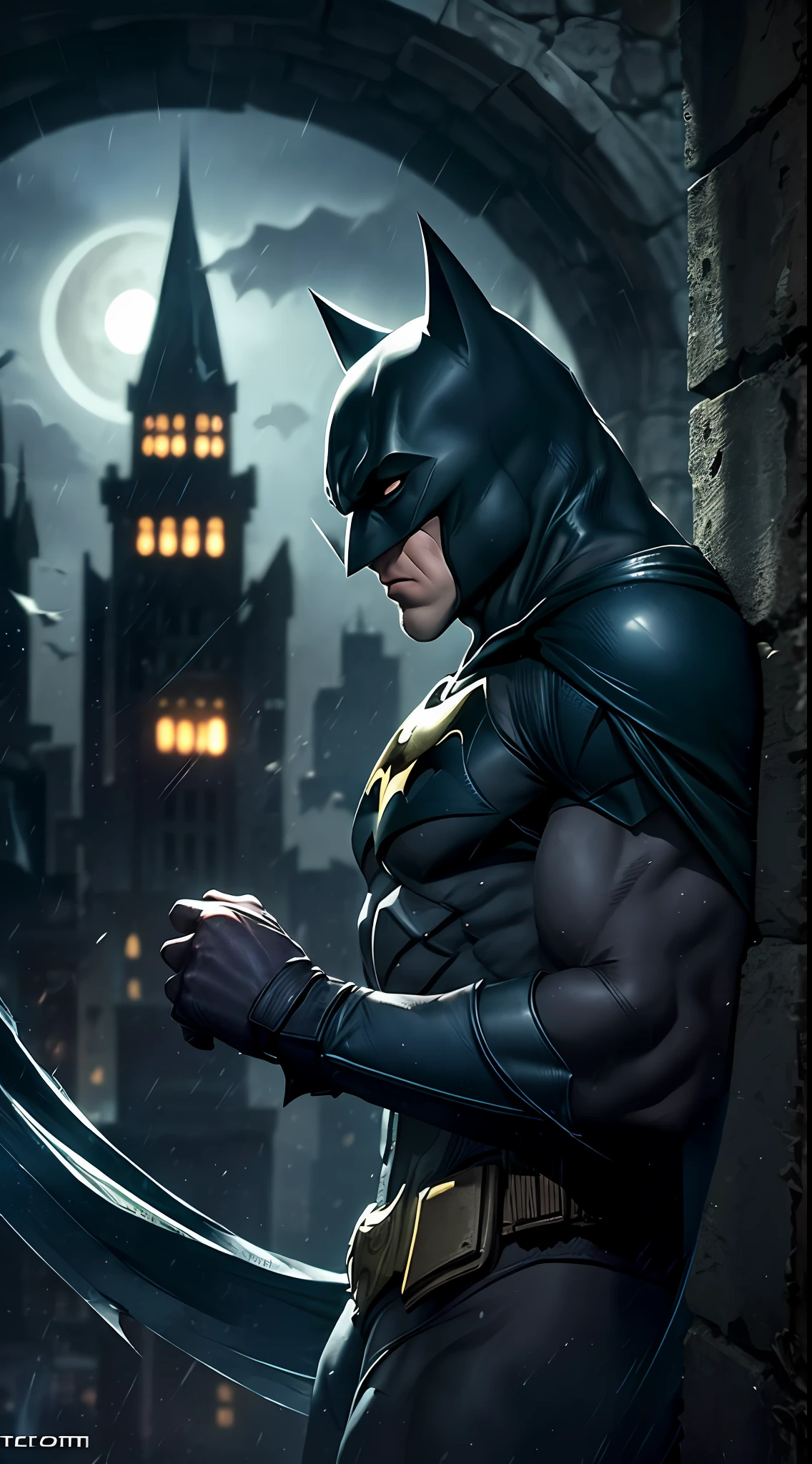 Batman in a dark knight costume holding a sword in front of a castle ...