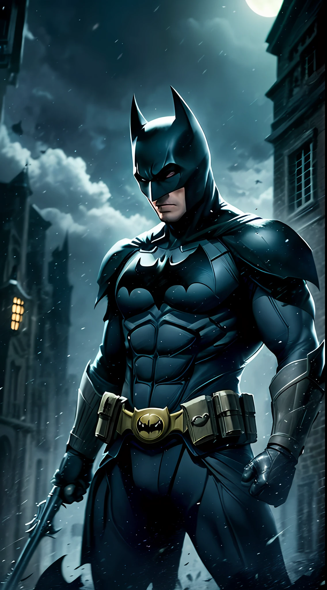 Batman of the Dark Knight is imposing in a lost Gothic city. Moonlight ...