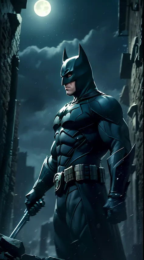 Batman of the Dark Knight is imposing in a lost Gothic city. Moonlight ...