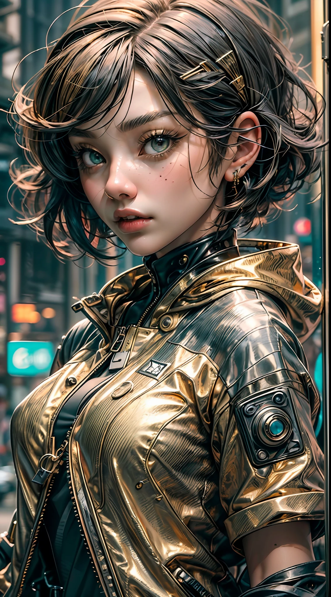 ((top-quality))、((​masterpiece))、((realisitic))and ultra-detailed photography of a 1nerdy girl with goth and neon colors。She((Gold short hair))、I have a smartphone、Wearing a techwear jacket、It exudes an atmosphere((Beautifully Aesthetic))、A sexy、Hot