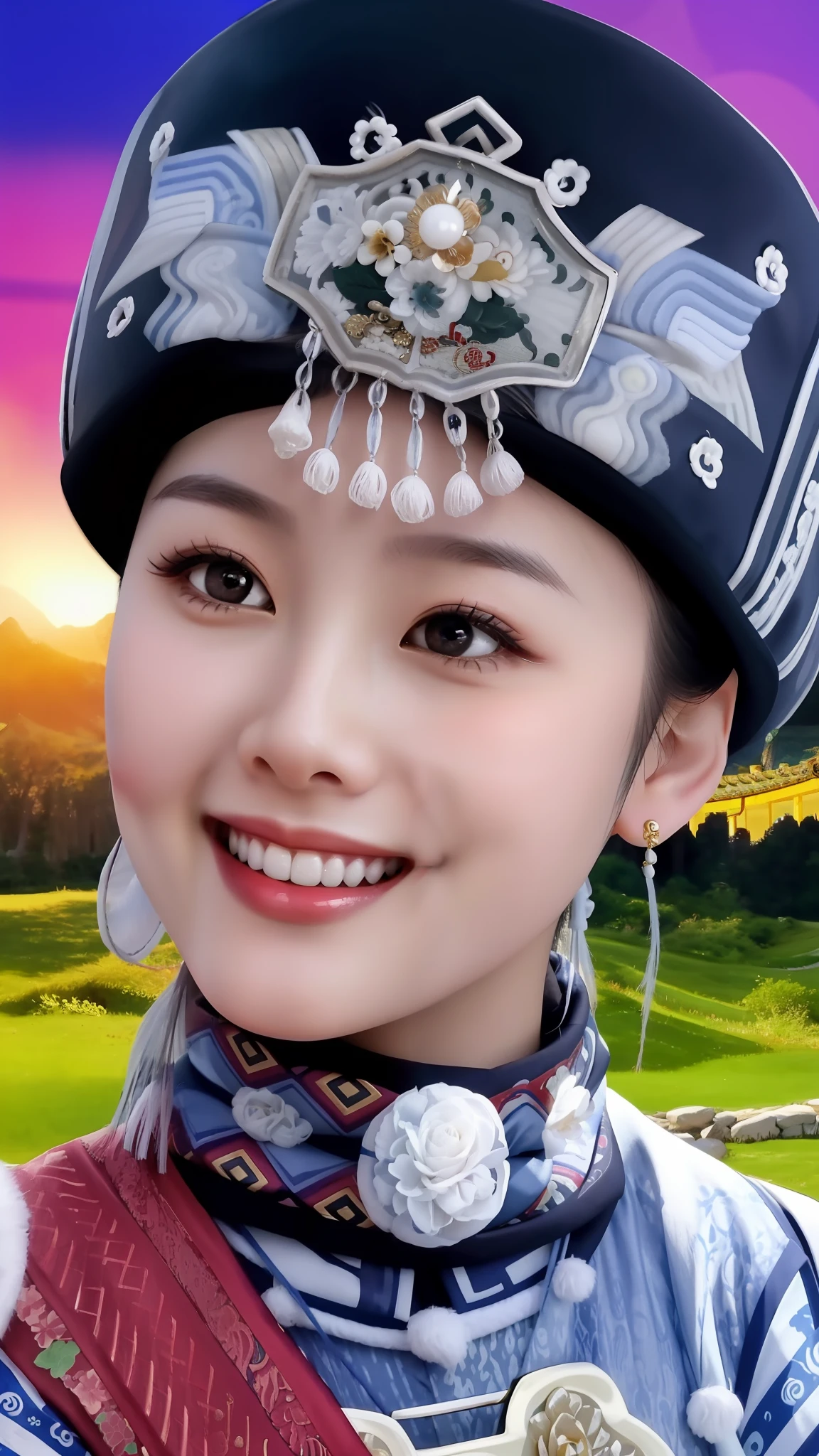 Close-up of a woman wearing a hat and scarf, Chinese woman, Chinese girl, Chinese traditional, beatiful smiling face, beautiful and smiling, Lovely smile, Wonderful, beatiful smiling face, Oriental face, asian beautiful face, Beautiful smile, Chinese style, Asian face, pretty face sharp chine, Traditional beauty, with a beautiful smile, Beautiful oriental woman