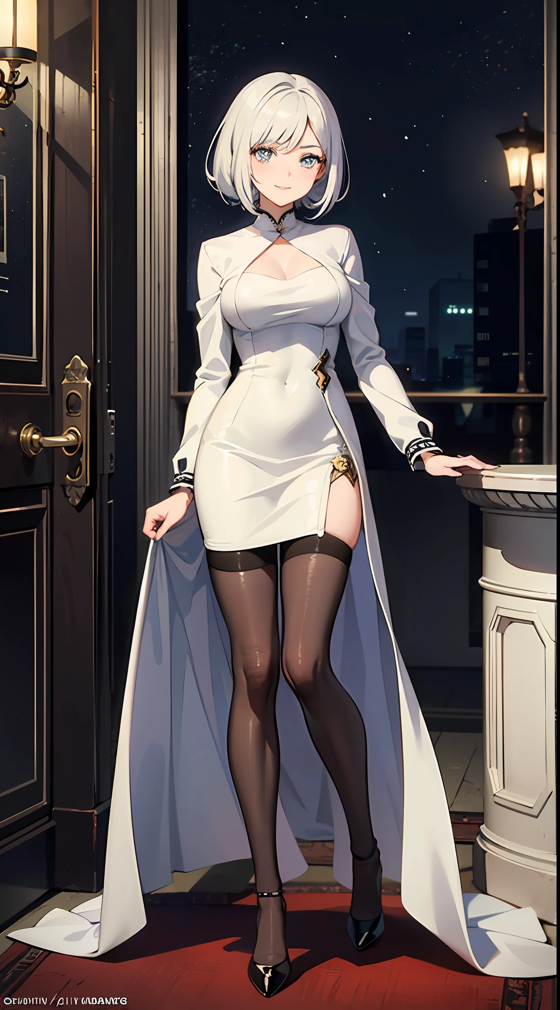 "A stylish and confident anime woman in a beautiful white long-sleeved business dress matched along with black stockings and heels showcasing a full body art. She is in her early 20s and possesses the charm and charisma of a glamorous Digimon character and has glamorous short silver hair, smiling, with the essence of a captivating female anime character. The illustration captures her vibrant personality, she has a unique feminine style along with her petiteness. The setting is inside of a gorgeous mansion."