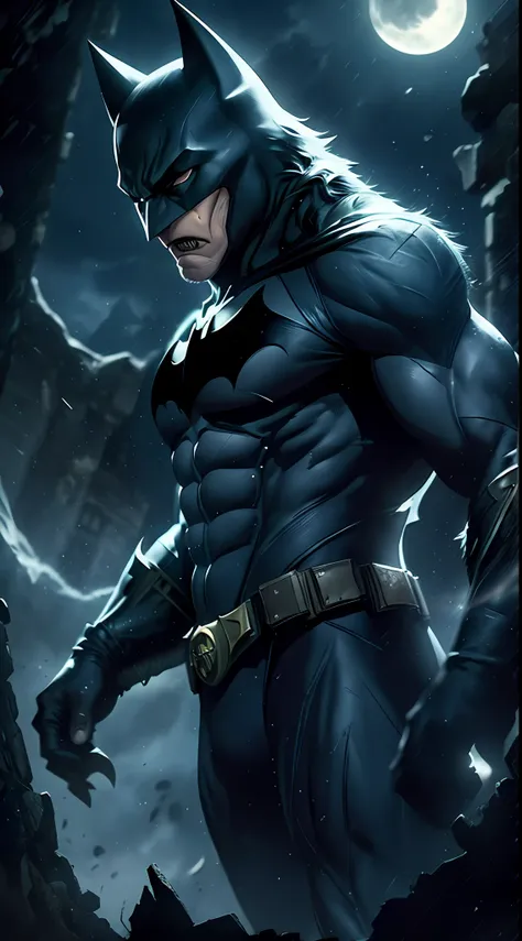 Batman of the Dark Knight is imposing in a lost Gothic city. Moonlight ...