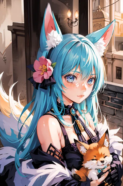 1girl, long fox ears, fluffy tail, 💍👛👘, fancy