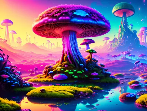 swpunk, synthwave, paint splatters, (extremely detailed 8k wallpaper), a crazy alien landscape with giant glowing mushrooms and ...