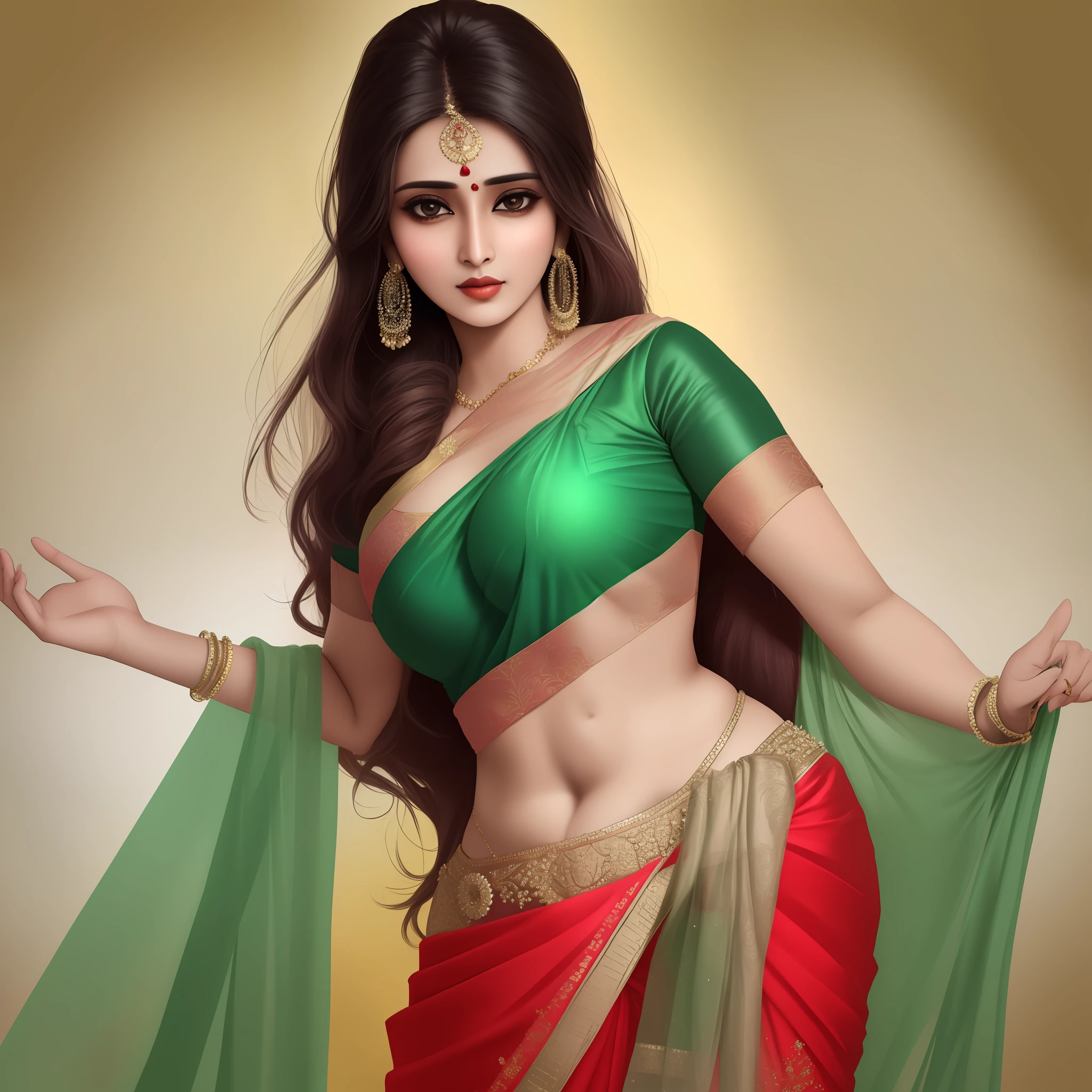 A woman in a green and red sari posing for a picture - SeaArt AI