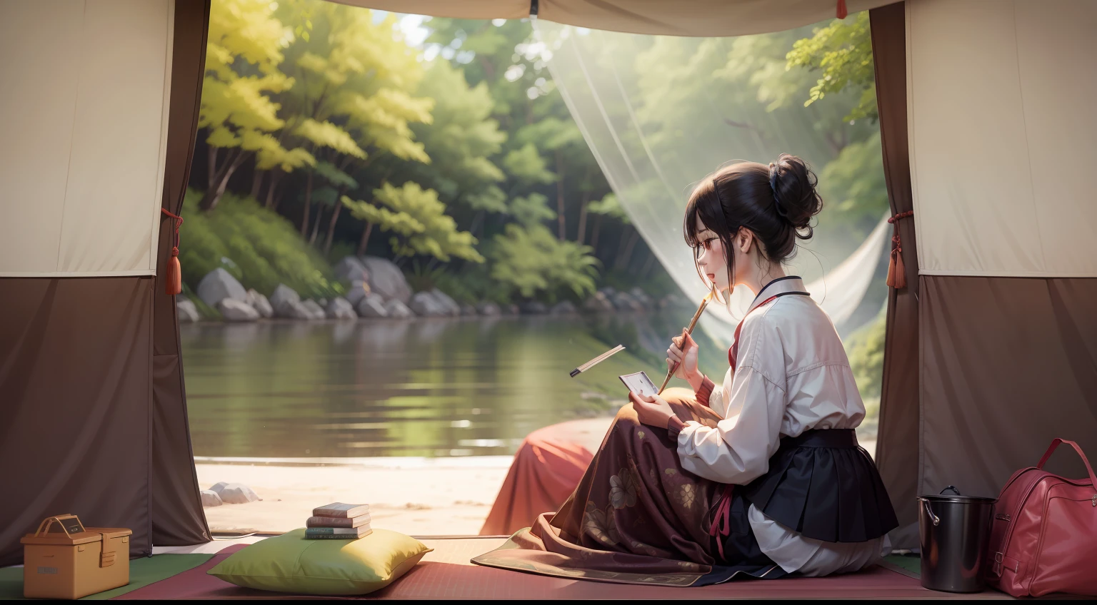 Mujeres asiáticas disfrutando de un campamento, vestidas elegantemente