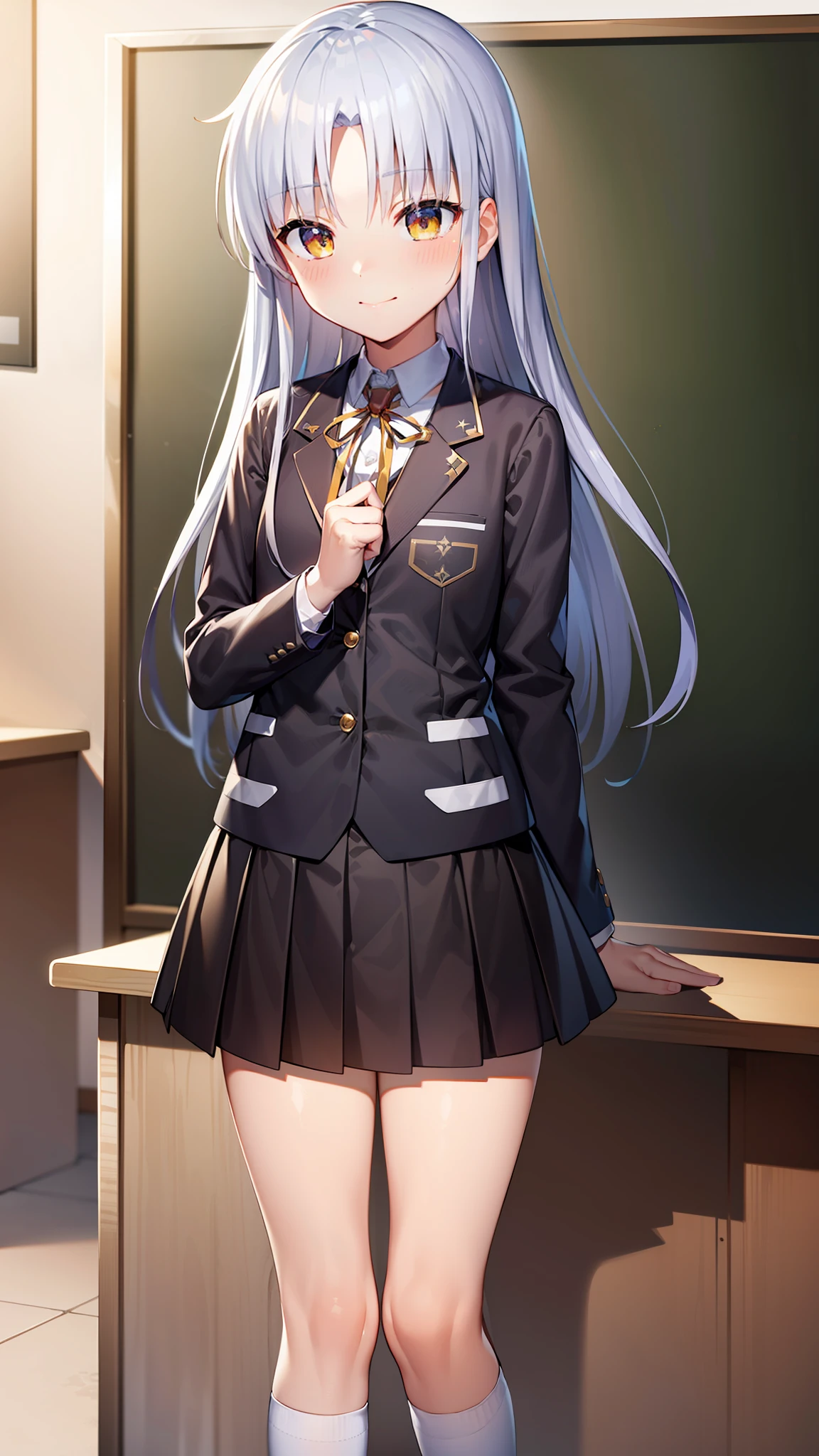 ((masterpiece)), ((best quality)), ((highres)), ((extremely detailed CG unity 8k wallpaper)), solo, tachibana kanade, black skirt, white socks, small smile, classroom, sexy pose, blush, flat chest, parted bangs,