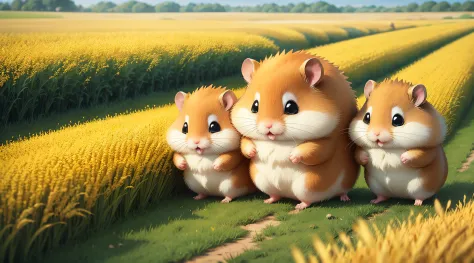 hamster，happy with life，Golden wheat fields，Work together，Celebrate happily，in style of hayao miyazaki