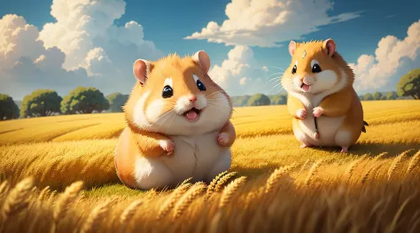 hamster，happy with life，Golden wheat fields，Work together，Celebrate happily，in style of hayao miyazaki