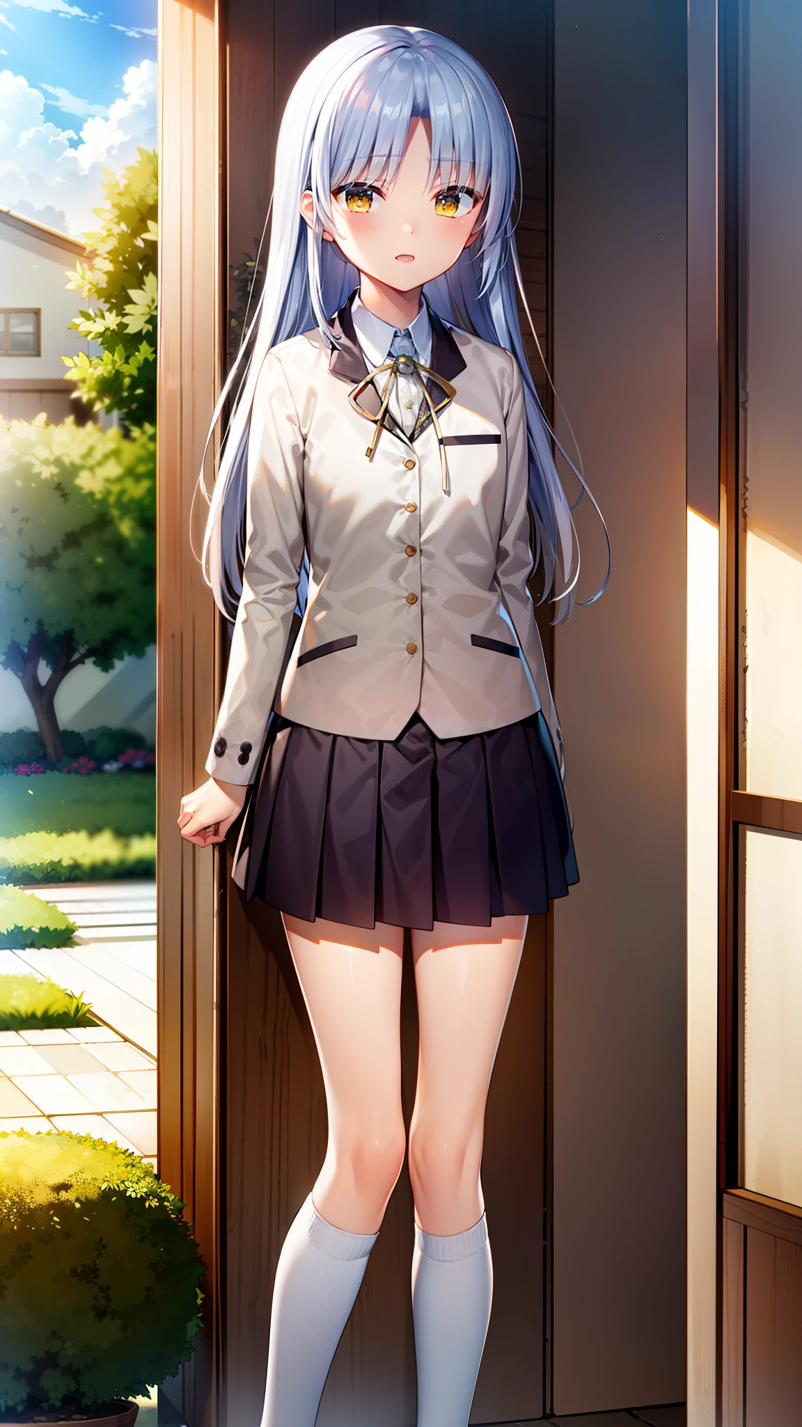 ((masterpiece)), ((best quality)), ((highres)), ((extremely detailed CG unity 8k wallpaper)), solo, tachibana kanade, tan school uniform, black skirt, white socks, curtained hair, silver hair, outdoors, sunny, garden, parted bangs, blush, sexy pose, angel wings,