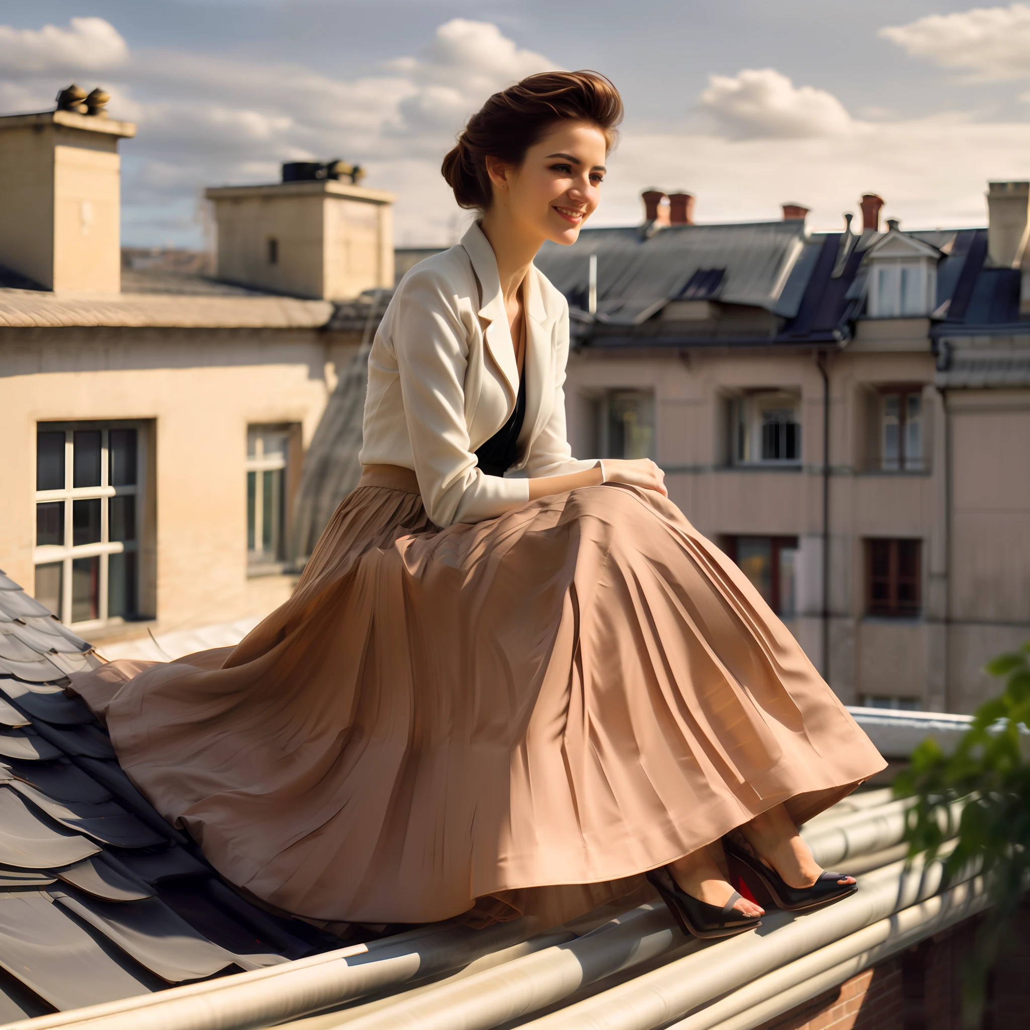 (shy smiling) woman sitting on a roof outside and playing with her skirt and spreading her skirt all over the roof, authentic (kind and tender) good woman wearing a short blazer with a very very detailed (long (fully pleated) full circle skirt) and (simple) low heeled office shoes, very very intricate hyper-detailed symmetric (attractive graceful young feminine face) with (sad, tired eyes and a shy smile), large breasts, full of empathy and compassion and love, (pronounced (feminine) features), (highly detailed ultra accurate realistic) hands and fingers, (windy conditions and wind blowing), epic composition, highly detailed attributes, highly detailed atmosphere, (35mm f1.4 Kodak portra 400 photograph), extremely high quality RAW photograph, detailed background, intricate, Exquisite details and textures,