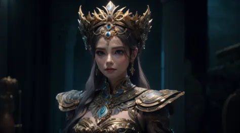um close up de uma mulher usando uma coroa e um vestido azul, Retrato de uma rainha elfa, cinematic goddess close shot, Rainha e...