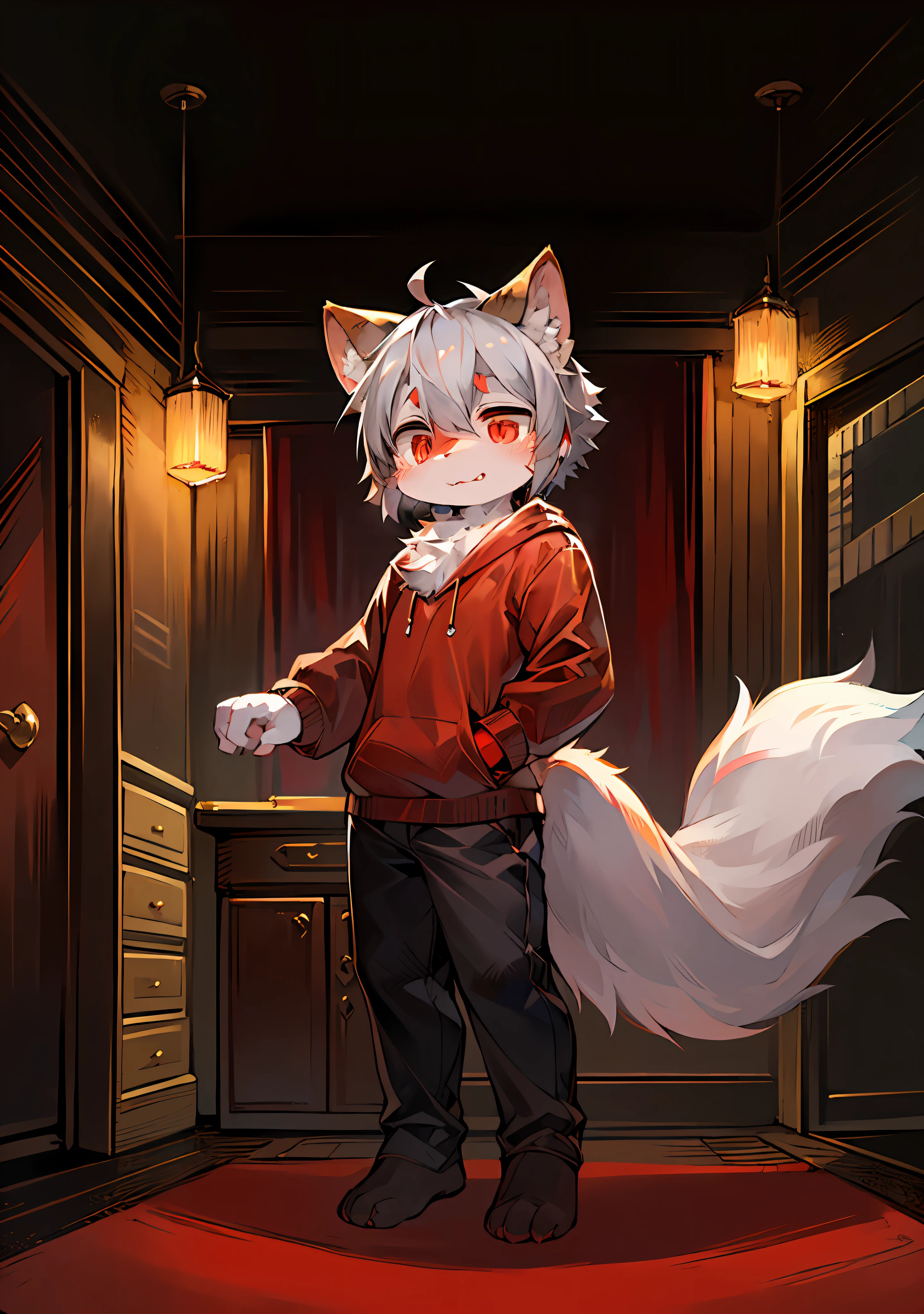 (dark environment:0.8),masterpiece,high quality,abstract res,digital painting\(artwork\), by Dagasi, yupa,kiyosan,(anthro,fluffy fur,character focus:1.1),anthro male cat,short hair,portrait , eyes with brightness, in a panoramic view, Character focus.(detailedbackground:0.7), solo, shaggy, shaggy male, malefocus, anthr,(Full Body Furry, Fluffy tail, White fur, red color eyes, Gray hair:1.2), (long canines，（interiors、the night、pays、）