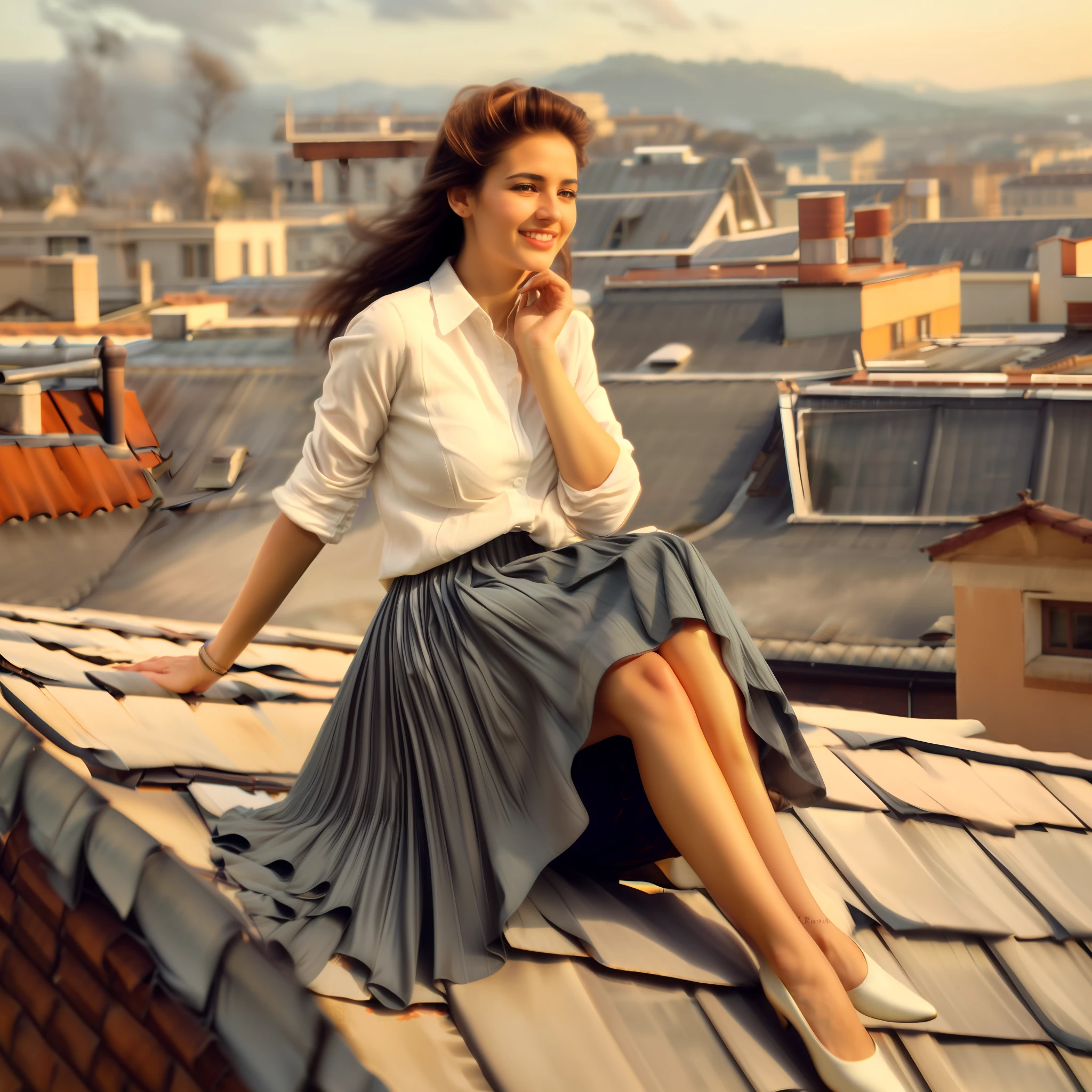 (shy smiling) woman sitting on a roof outside and playing with her skirt and spreading her skirt all over the roof, authentic (kind and tender) good woman wearing a short blazer with a very very detailed (long (fully pleated) full circle skirt) and (simple) low heeled office shoes, very very intricate hyper-detailed symmetric (attractive graceful young feminine face) with (sad, tired eyes and a shy smile), large breasts, full of empathy and compassion and love, (pronounced (feminine) features), (highly detailed ultra accurate realistic) hands and fingers, (windy conditions and wind blowing), epic composition, highly detailed attributes, highly detailed atmosphere, (35mm f1.4 Kodak portra 400 photograph), extremely high quality RAW photograph, detailed background, intricate, Exquisite details and textures,