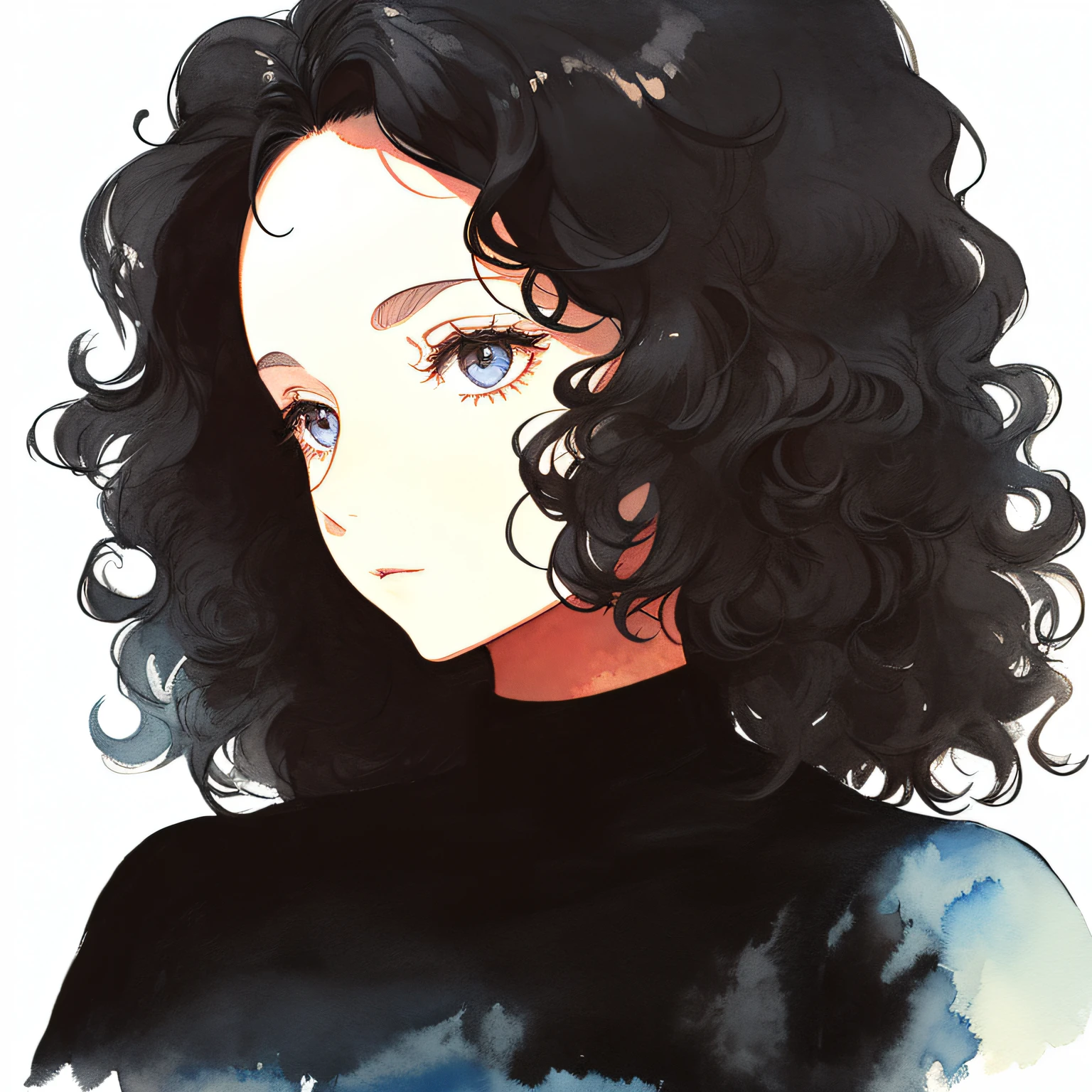 1 girl, black hair, forehead, curly hair, black shirt, watercolor