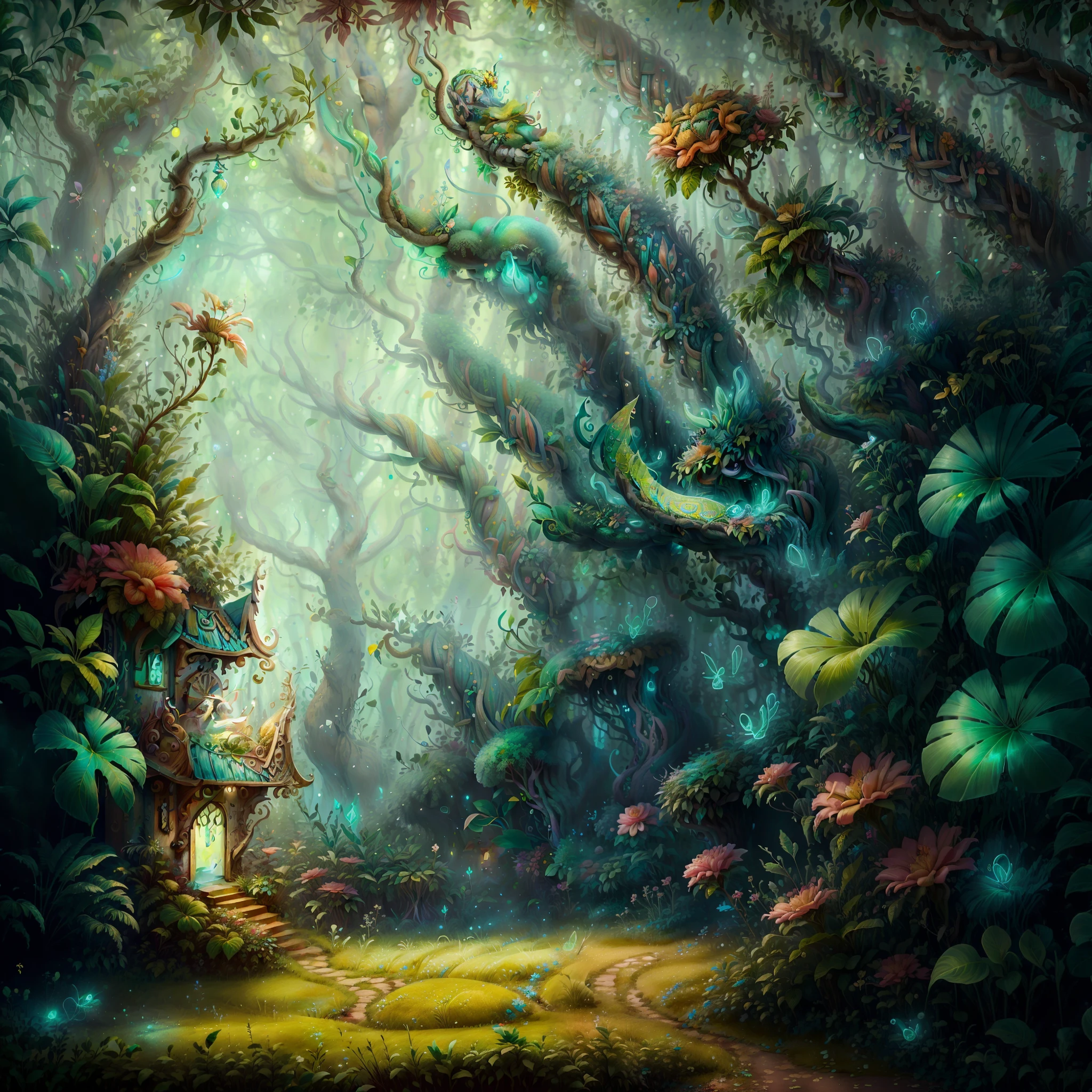妖精の女性, ベリッシマ, 白い肌, 長くてブロンドの髪, 緑のドレス, 青い目, 魔法の森の中で, ネオンイエローのキノコ