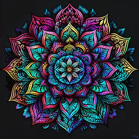 a colorful flower with a black background, colorful mandala, mandala art, lotus mandala, mandala ornament, super detailed color ...