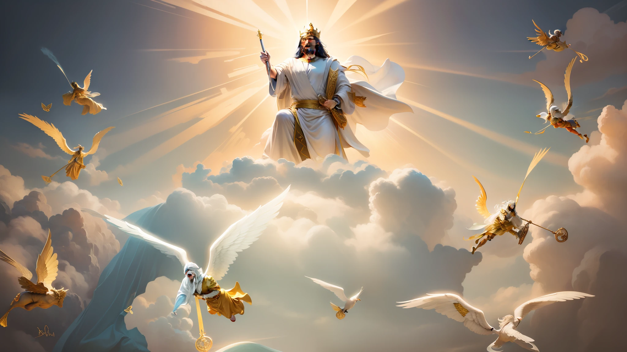 a painting of a man with a white cloak flying over a sky full of clouds, Retrato de um Deus Celestial, O Deus Imperador da Humanidade, Jovem Deus Todo-Poderoso, arte conceitual de deus, godly and ethereal, epic biblical representation, she is arriving heaven, KING of Heaven, gold gates of heaven!!!!!!!!, biblical accurate angel, deus divino, deus imperador, rei o divino dos deuses