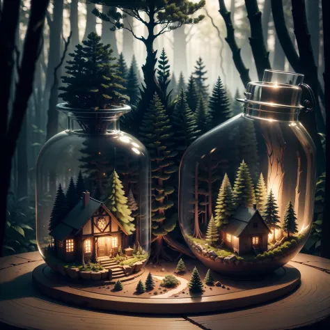 (An intricate forest minitown landscape trapped in a bottle), atmospheric oliva lighting, on the table, 4k UHD, dark vibes, hyper detailed, vibrant colours forest background, epic composition, octane render, sharp focus, high resolution isometric --auto