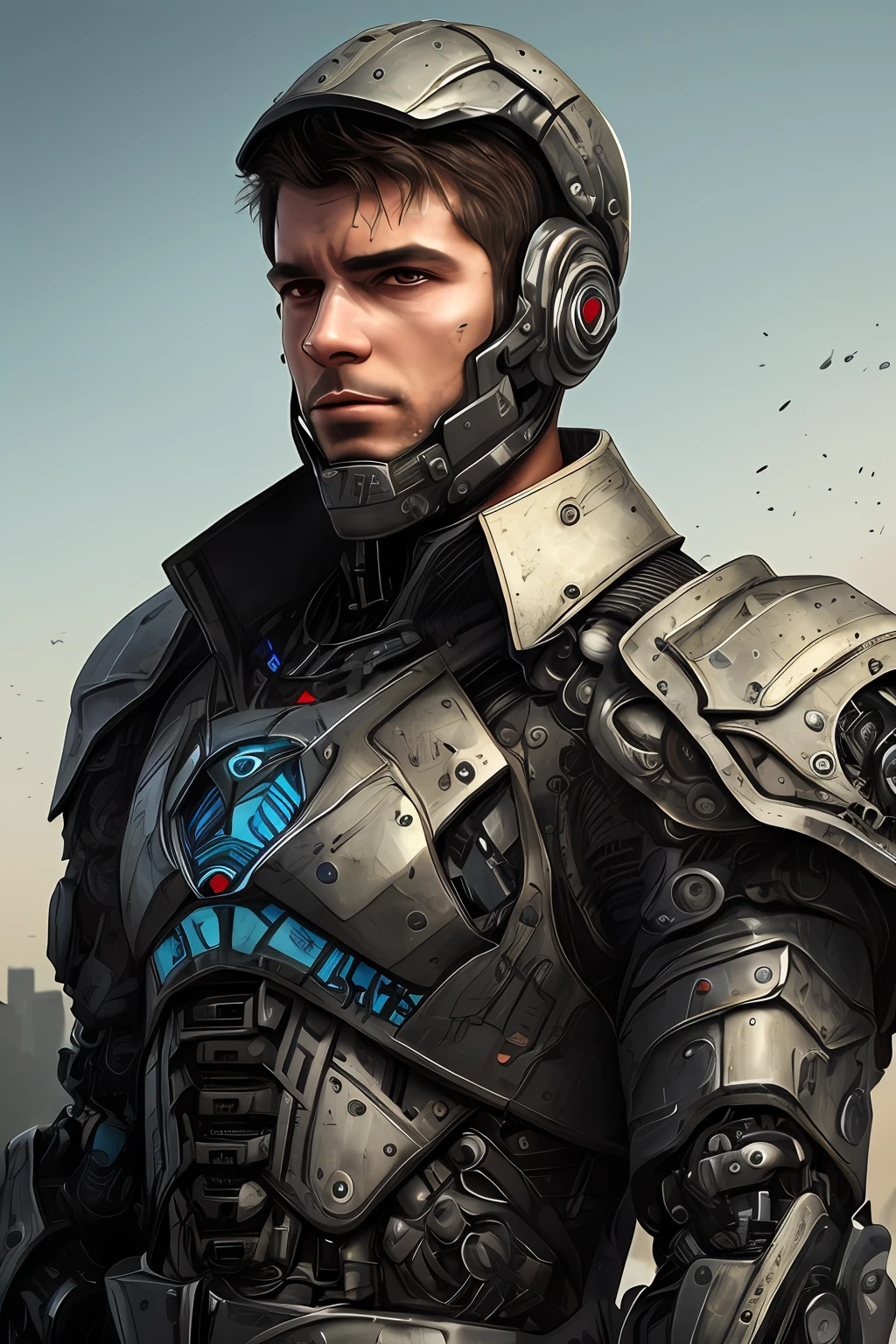 Epic digital art portrait of a futuristic battle cyborg in a dystopian city. Intricate metallic and cybernetic components make up half of his face and body revealing inner glow of technology. His human eye gazes intensely amid strands of messy black hair. He wears urban armor plating on one arm and shoulder over a ragged coat. Dramatic lighting creates glinting highlights on the metal bits and accentuates the grimy textures of cloth and skin. --auto