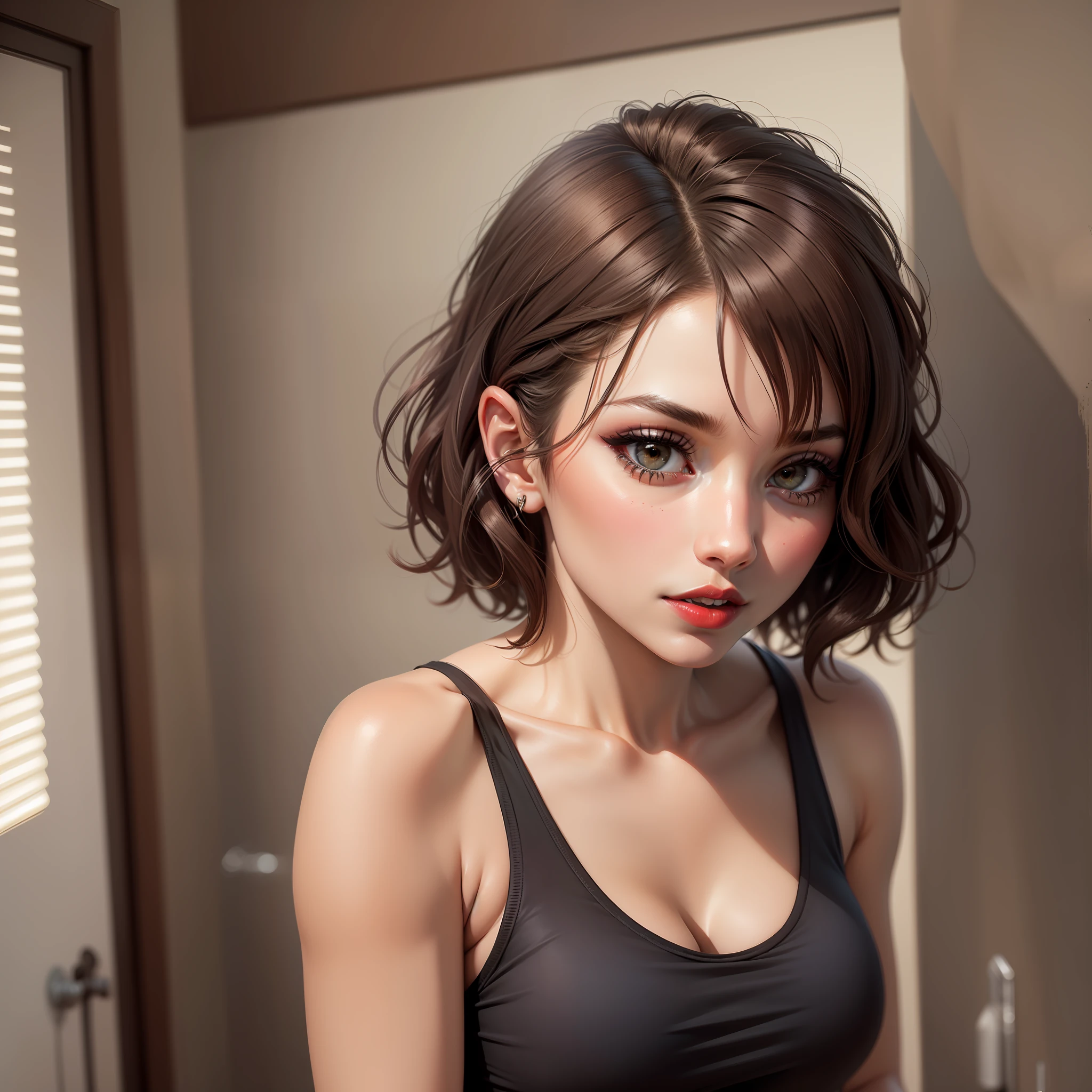 Sexy woman, short brown hair, middle part, lots of makeup, perfect red lips  - SeaArt AI