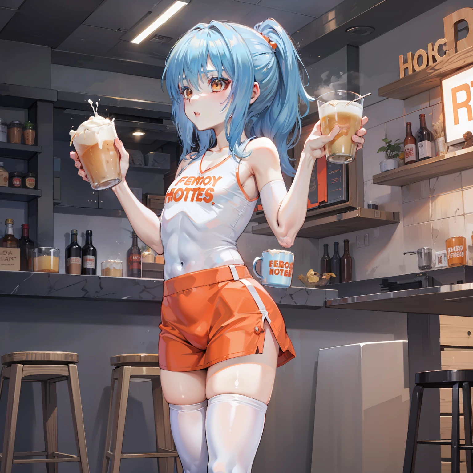 1boy, femboy hooters, serving some beers