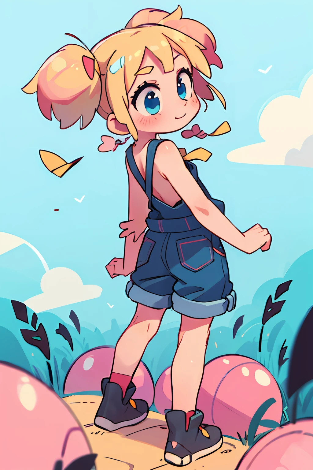 masterpiece, beautiful, 4k, detailed, intricate details, , , overalls, jean overalls, cuffed overalls, blonde hair, long blonde pigtails, hair ballies, pink hair tie balls, long flowing pigtails, soft blue eyes, soft smile, slight smile, hands back, standing on the balls of her feet, 1girl, rocking, shirtless, overalls over skin, bare shoulders, bare sleeves, bare arms