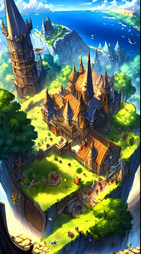 medieval kingdom. Sunny morning. 8K resolution. Ratio 3:2. Very high drawing skills. Bird's eye view. Very stunning view. amazing lighting effect. Thick medieval fantasy illustration. Very large area.