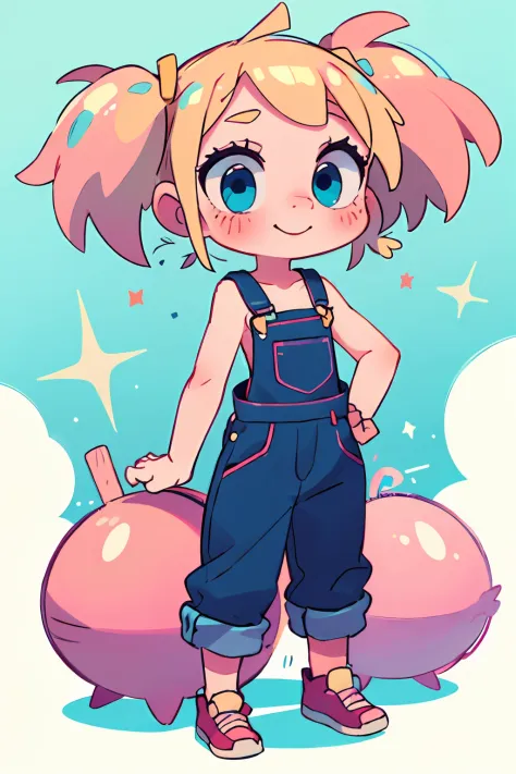 masterpiece, beautiful, 4k, detailed, intricate details, child, loli, overalls, jean overalls, cuffed overalls, blonde hair, lon...