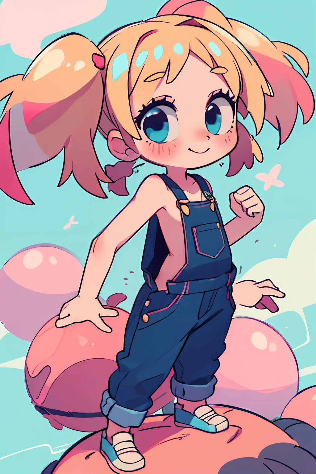 masterpiece, beautiful, 4k, detailed, intricate details, , , overalls, jean overalls, cuffed overalls, blonde hair, long blonde pigtails, hair ballies, pink hair tie balls, long flowing pigtails, soft blue eyes, soft smile, slight smile, hands back, standing on the balls of her feet, 1girl, rocking, shirtless, overalls over skin, bare shoulders, bare sleeves, bare arms