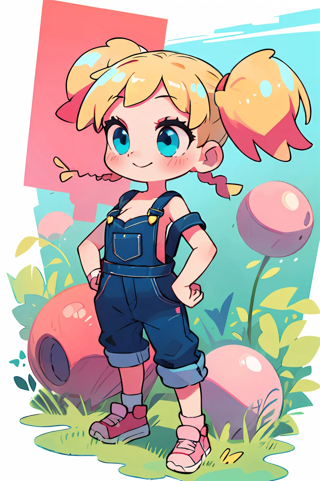 masterpiece, beautiful, 4k, detailed, intricate details, , , overalls, jean overalls, cuffed overalls, blonde hair, long blonde pigtails, hair ballies, pink hair tie balls, long flowing pigtails, soft blue eyes, soft smile, slight smile, hands back, standing on the balls of her feet, 1girl, rocking, shirtless, overalls over skin, bare shoulders, bare sleeves, bare arms, medium sized breasts, cleavage, cleavage behind overalls, facing forward, side cut, torso sohown