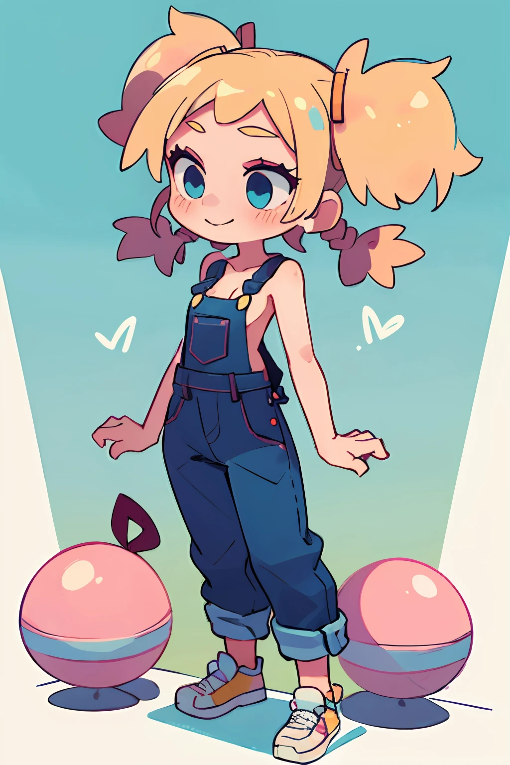 masterpiece, beautiful, 4k, detailed, intricate details, , , overalls, jean overalls, cuffed overalls, blonde hair, long blonde pigtails, hair ballies, pink hair tie balls, long flowing pigtails, soft blue eyes, soft smile, slight smile, hands back, standing on the balls of her feet, 1girl, rocking, shirtless, overalls over skin, bare shoulders, bare sleeves, bare arms, medium sized breasts, cleavage, cleavage behind overalls, facing forward, side cut, torso sohown