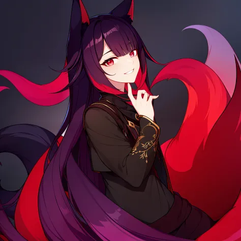 young guy, pretty facial features, long dark purple hair, bright red eyes, black fit clothes with many details, fox ears and tai...