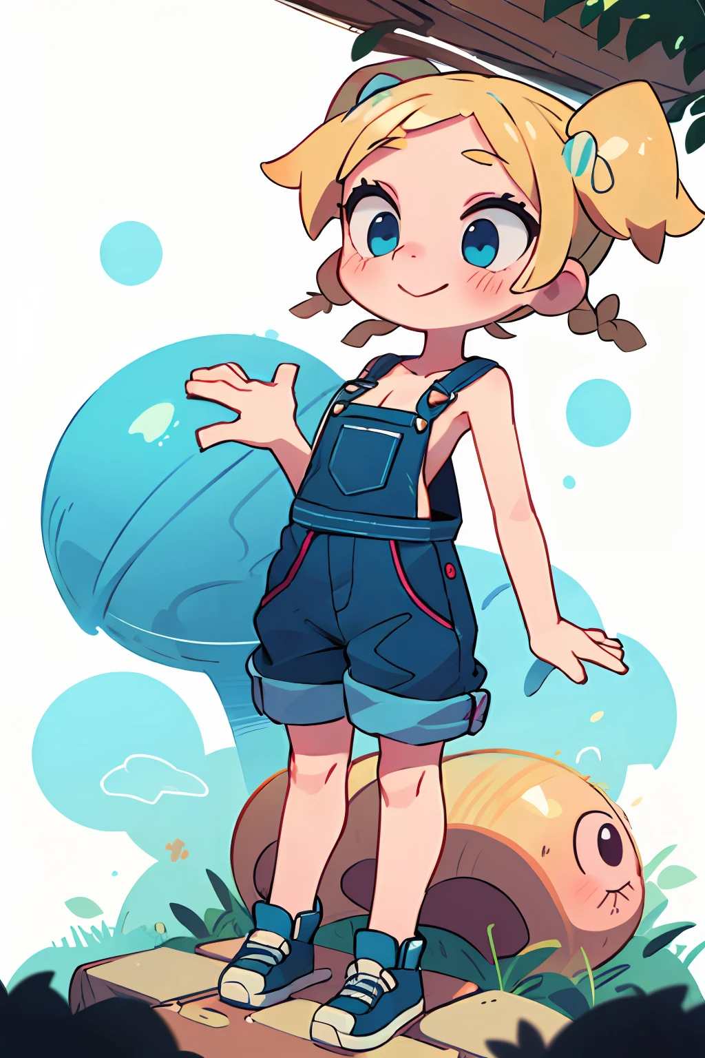 masterpiece, beautiful, 4k, detailed, intricate details, , , overalls, jean overalls, cuffed overalls, blonde hair, long blonde pigtails, long flowing pigtails, soft blue eyes, soft smile, slight smile, hands back, standing on the balls of her feet, 1girl, rocking, shirtless, overalls over skin, bare shoulders, bare sleeves, bare arms, medium sized breasts, cleavage, cleavage behind overalls, facing forward, side cut, torso shown