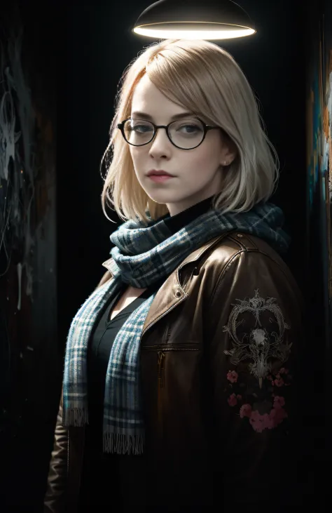 Emma Stone, (dark photo: 1.1), realistic epic, halo portrait, sunglasses, blue eyes, plaid scarf, white hair by Atey Ghailan, by Greg Rutkowski, by Greg Tocchini, by James Gilleard, by Joe Fenton, by Kaethe Butcher, yellow gradient, black, brown and magent...