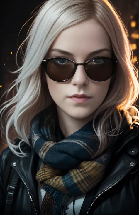 Emma Stone, (dark photo: 1.1), realistic epic, halo portrait, sunglasses, blue eyes, plaid scarf, white hair by Atey Ghailan, by Greg Rutkowski, by Greg Tocchini, by James Gilleard, by Joe Fenton, by Kaethe Butcher, yellow gradient, black, brown and magent...