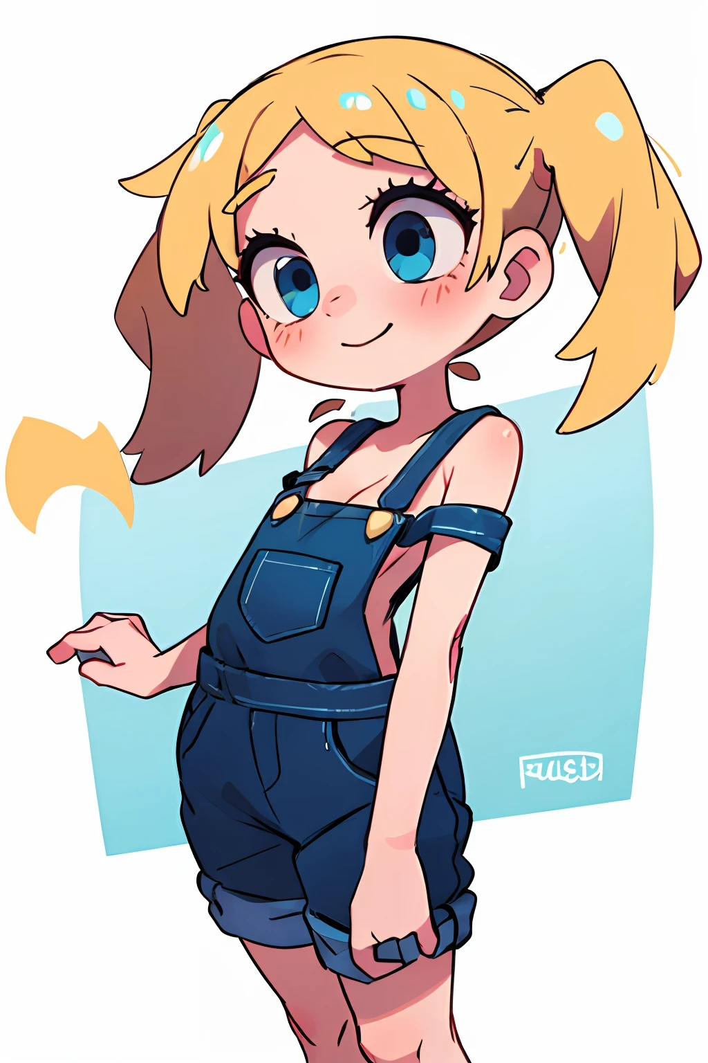 masterpiece, beautiful, 4k, detailed, intricate details, , , overalls, jean overalls, cuffed overalls, blonde hair, long blonde pigtails, long flowing pigtails, soft blue eyes, soft smile, slight smile, 1girl, shirtless, overalls over skin, bare shoulders, bare sleeves, bare arms, medium sized breasts, cleavage, cleavage behind overalls, facing forward, side cut, torso shown, leaning forward, down blouse, cleavage