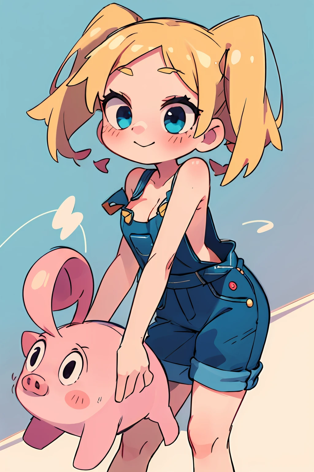 masterpiece, beautiful, 4k, detailed, intricate details, , , overalls, jean overalls, cuffed overalls, blonde hair, long blonde pigtails, long flowing pigtails, soft blue eyes, soft smile, slight smile, 1girl, shirtless, overalls over skin, bare shoulders, bare sleeves, bare arms, medium sized breasts, cleavage, cleavage behind overalls, facing forward, side cut, torso shown, leaning forward, down blouse, cleavage