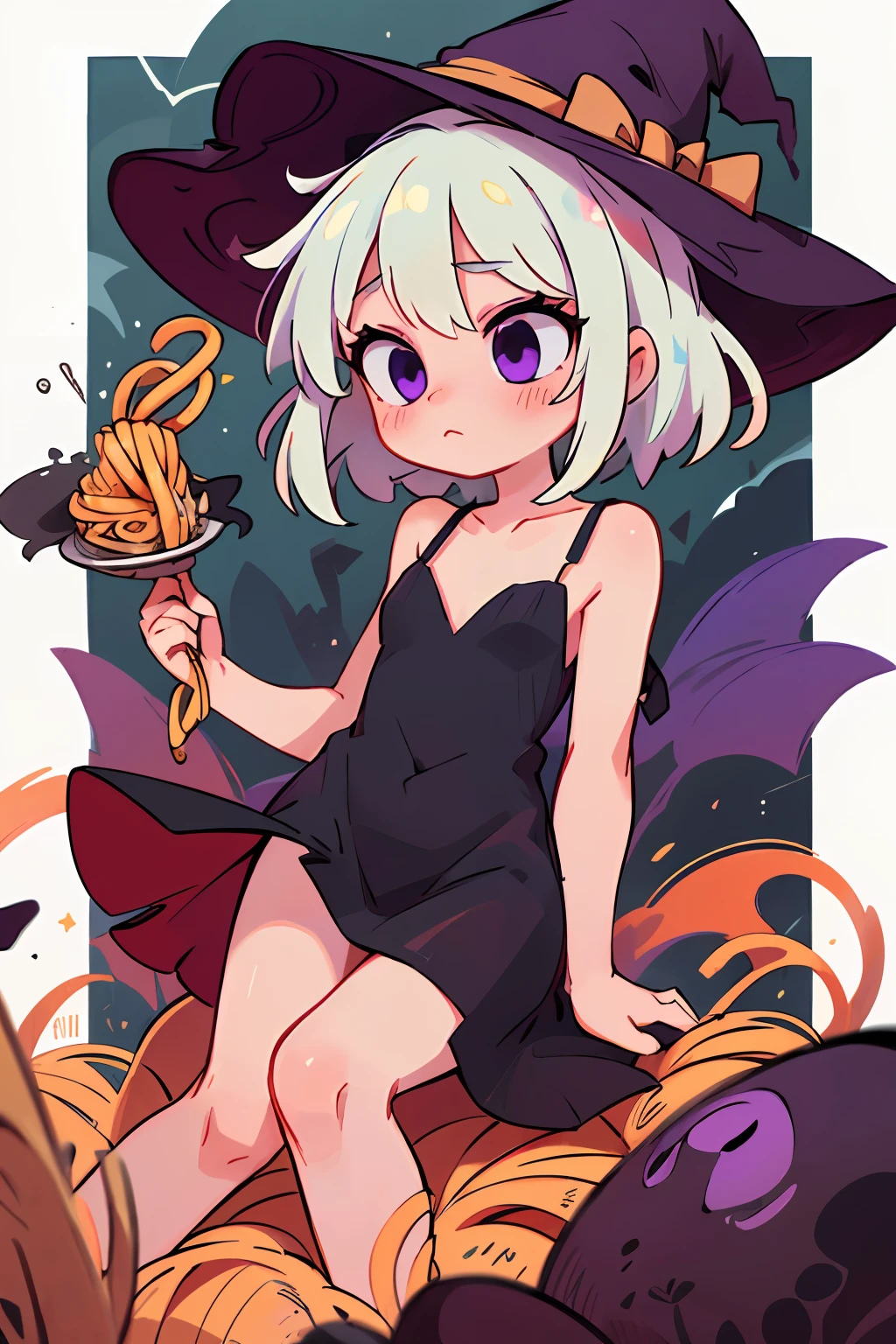 masterpiece, beautiful, 4k, detailed, intricate details, , , witch, witch dress, witch hat, thin spaghetti straps, collarbone, thin, young, white hair, purple eyes, black dark dress