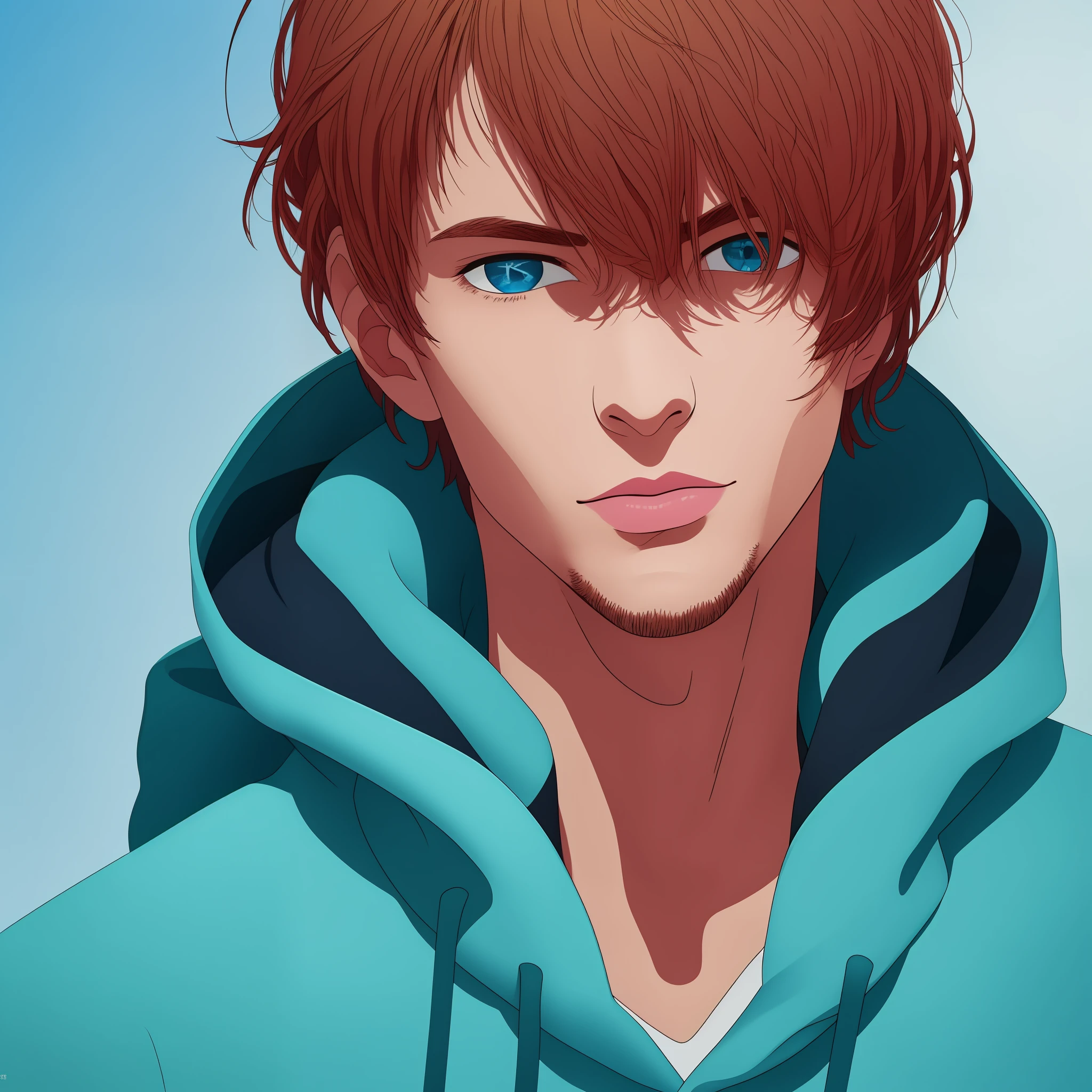 Masterpiece, best quality, amazing shading, beautiful illustration, close-up, portrait, solo, handsome yound man, sexy, toned, blue hoodie, AquaHoshino